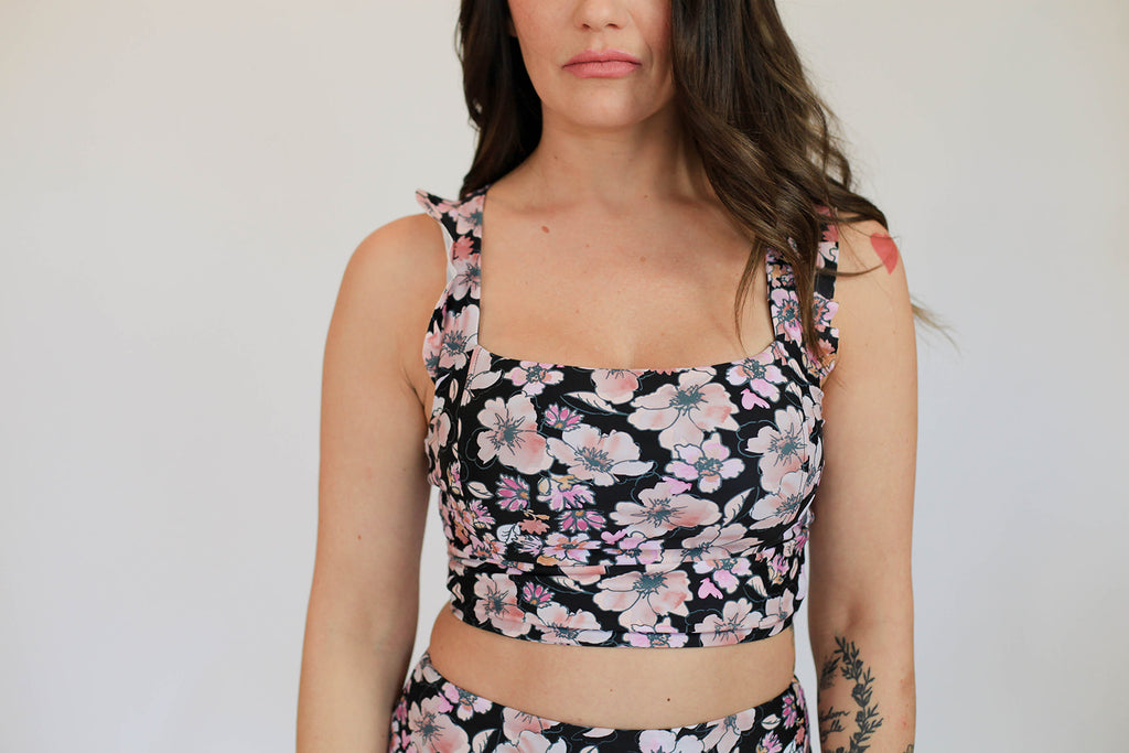 Up close view of Black Floral print on Maisey 2.0 top